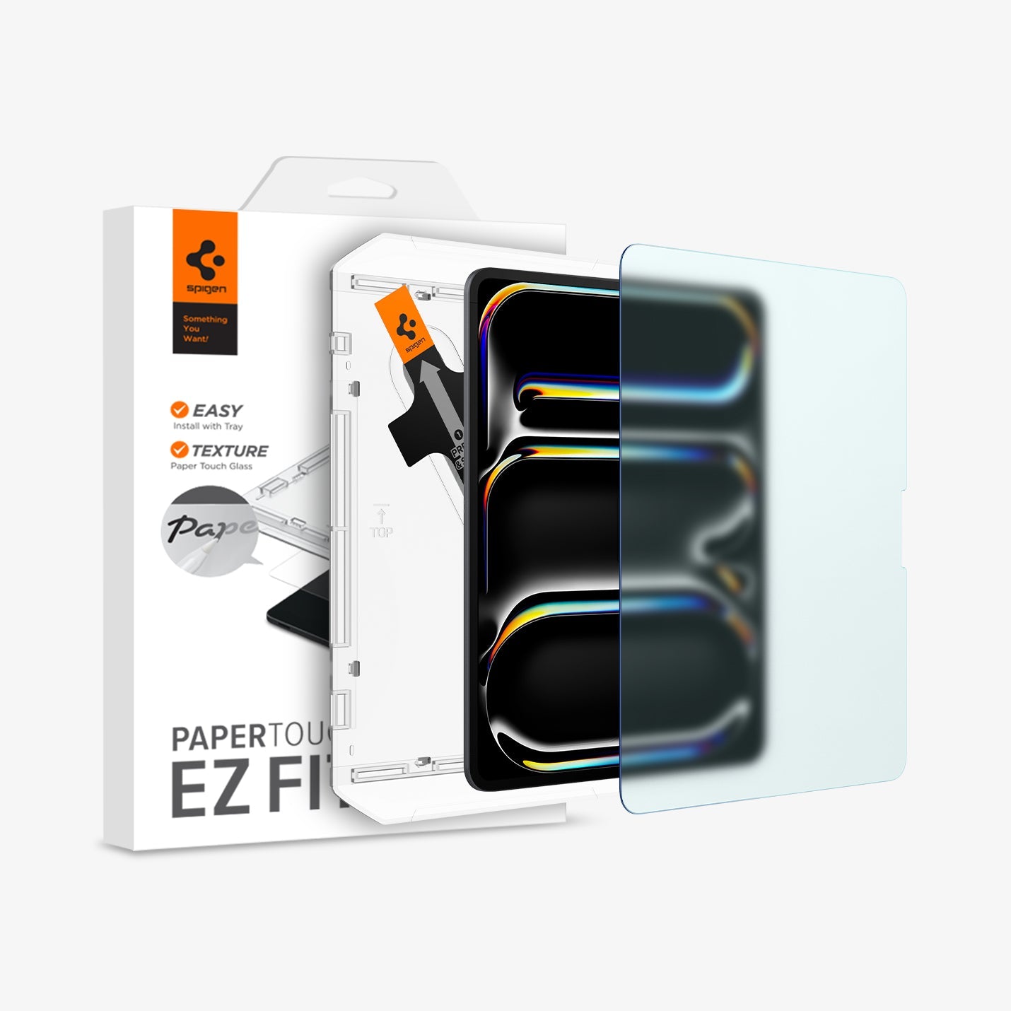 AGL07794 - iPad Pro 12.9-inch Paper Touch EZ Fit in Clear showing the device, screen protector, ez fit tray and packaging