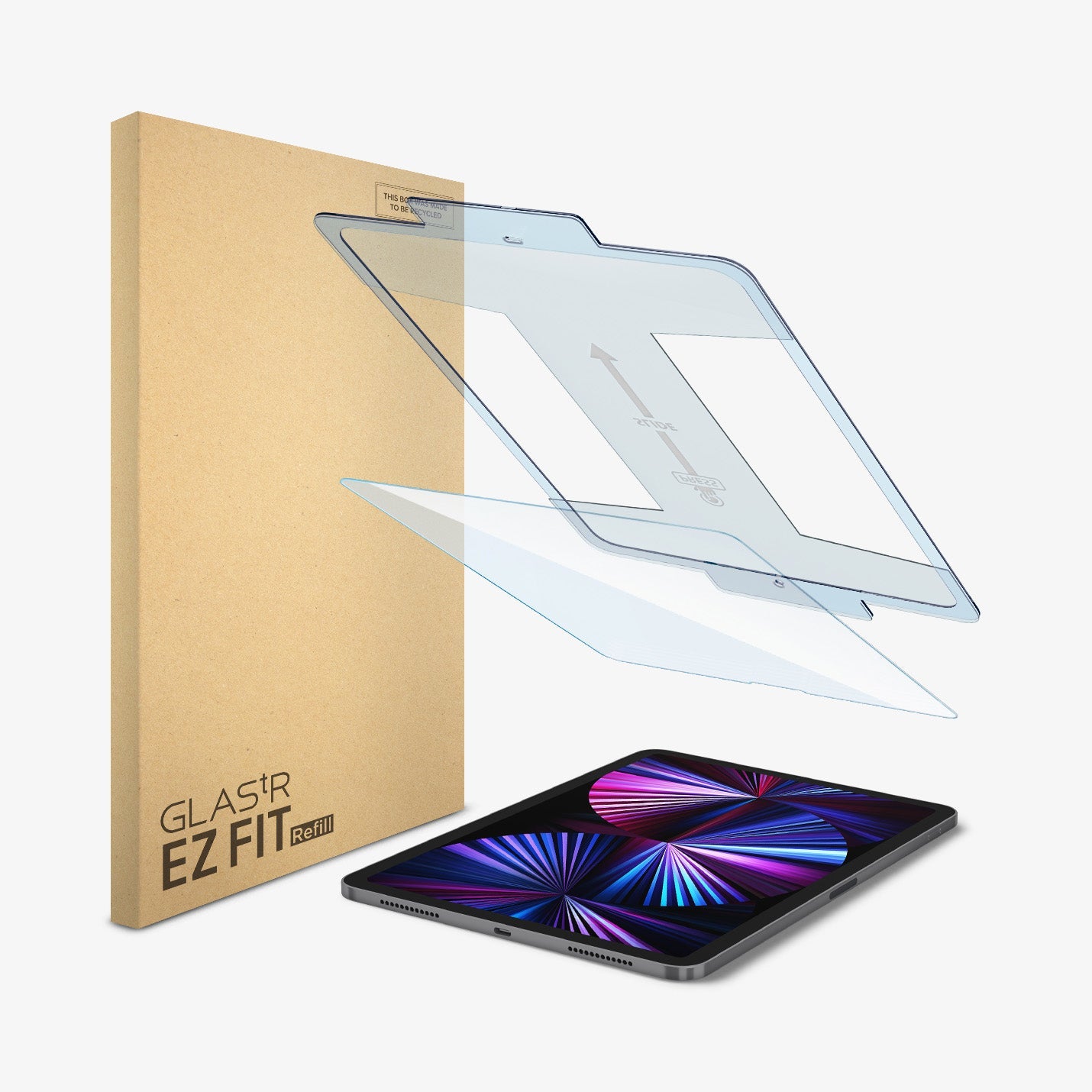 AGL04515 - iPad Pro 11" Screen Protector EZ FIT GLAS.tR Refill showing the device, screen protector, ez fit tray and packaging