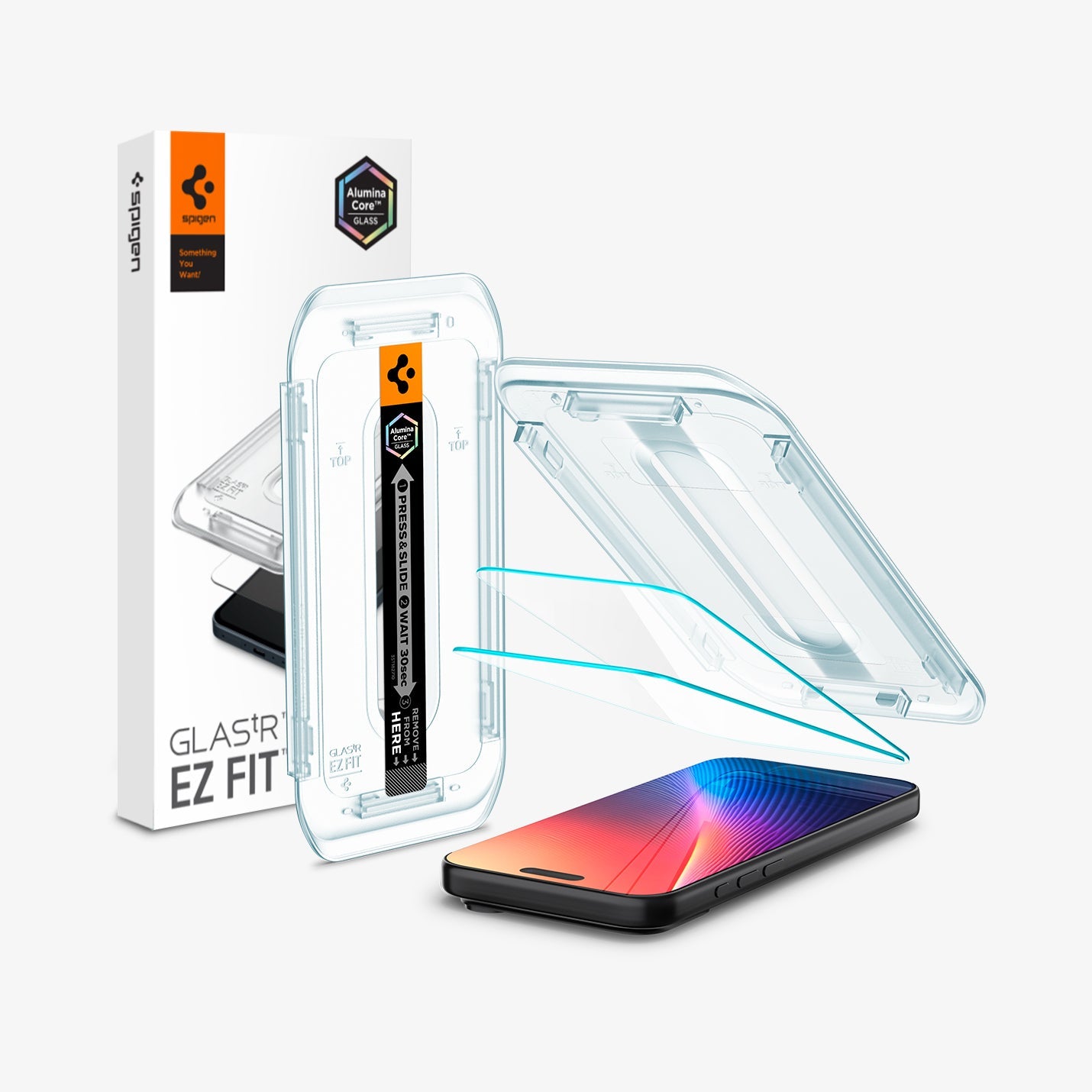 AGL07907 - iPhone 17 Pro Max GLAS.tR EZ Fit | Sensor Protected showing the installation tray hovering above the 2 screen protector and the device, beside it is another installation tray with case