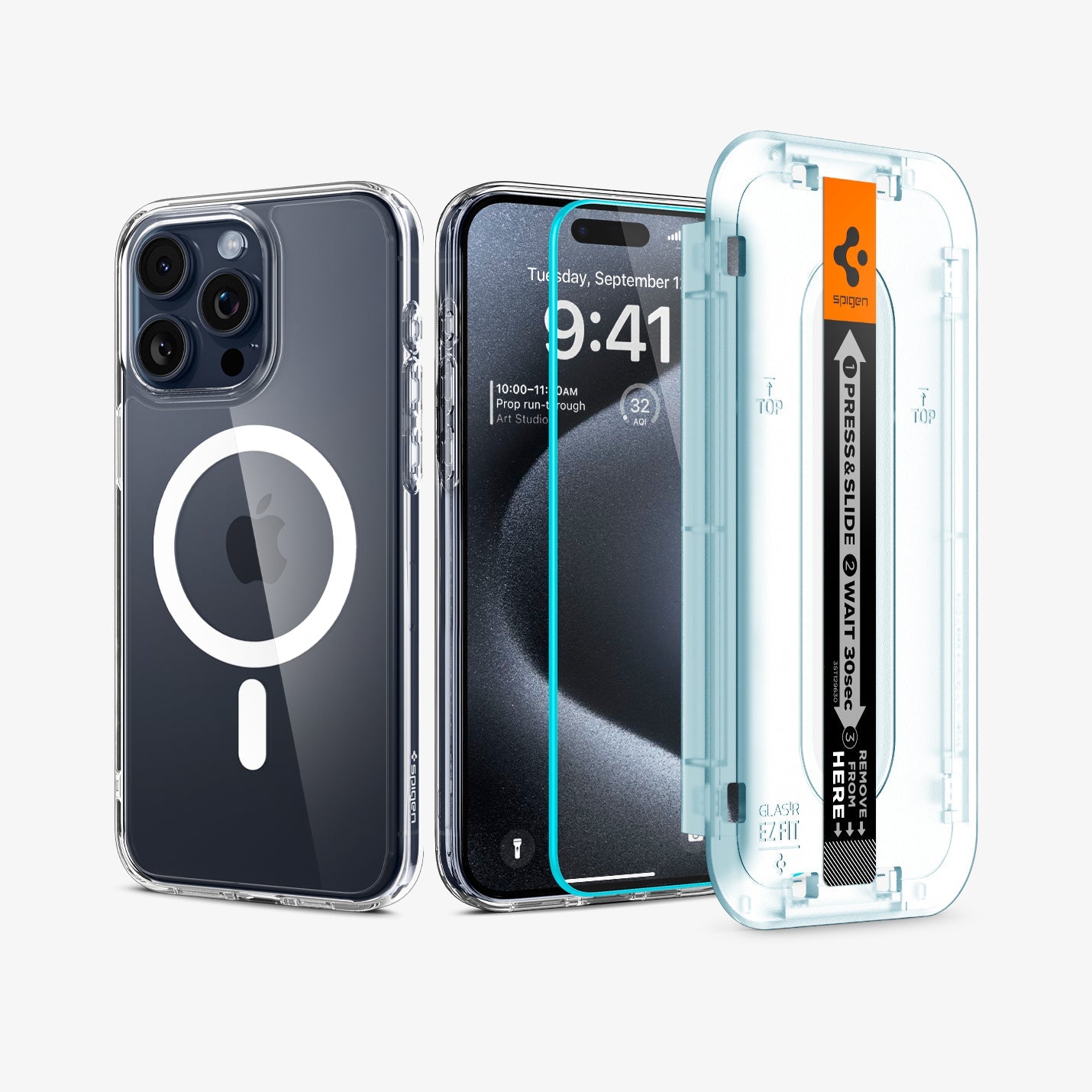 ACS06861 - iPhone 15 Pro Max Case Ultra Hybrid (MagFit) Pack showing the back and front of device, screen protector and ez fit tray
