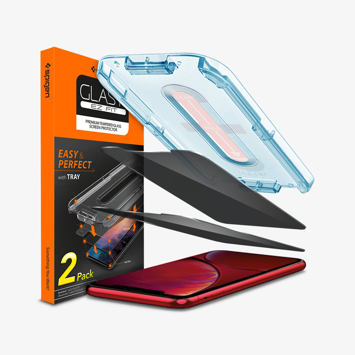 064GL25687 - iPhone XR GLAS.tR EZ Fit Privacy showing the device, two screen protectors, ez fit tray and packaging