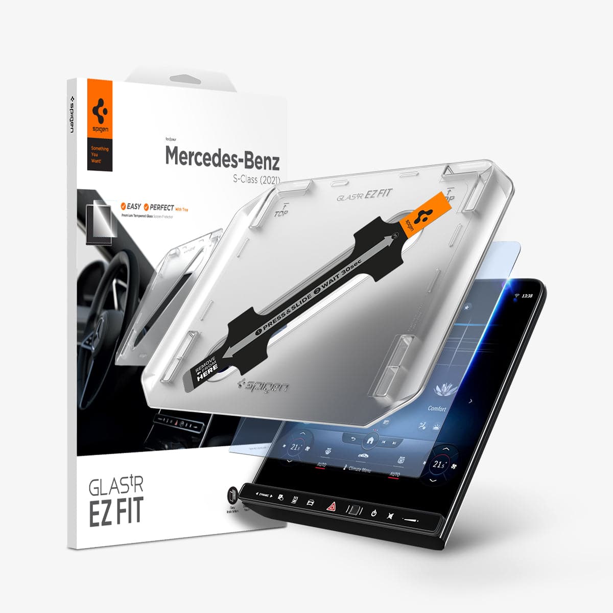 AGL03148 - Mercedes S-Class Screen Protector EZ FIT GLAS.tR showing the touch screen display, screen protector, ez fit tray and packaging