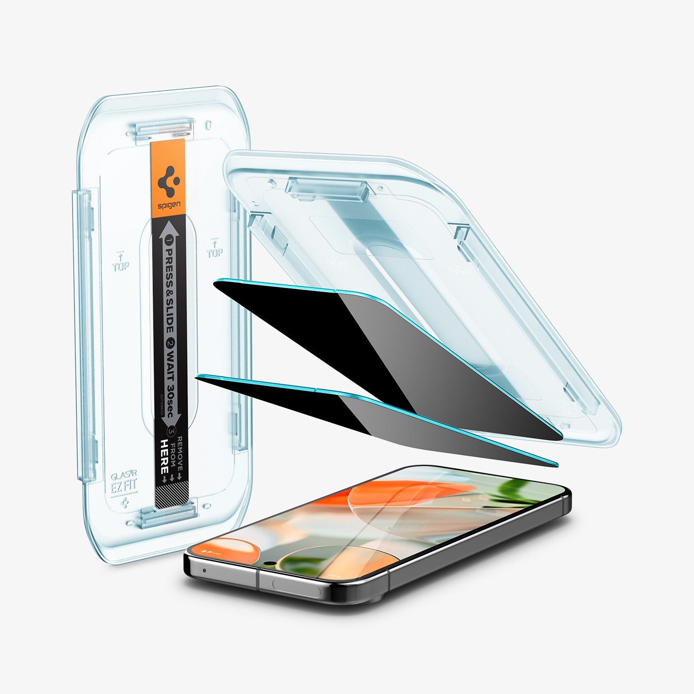 AGL09313 - GajPXL GLAS.tR EZ Fit Privacy Screen Protector showing the device, screen protectors, ez fit tray