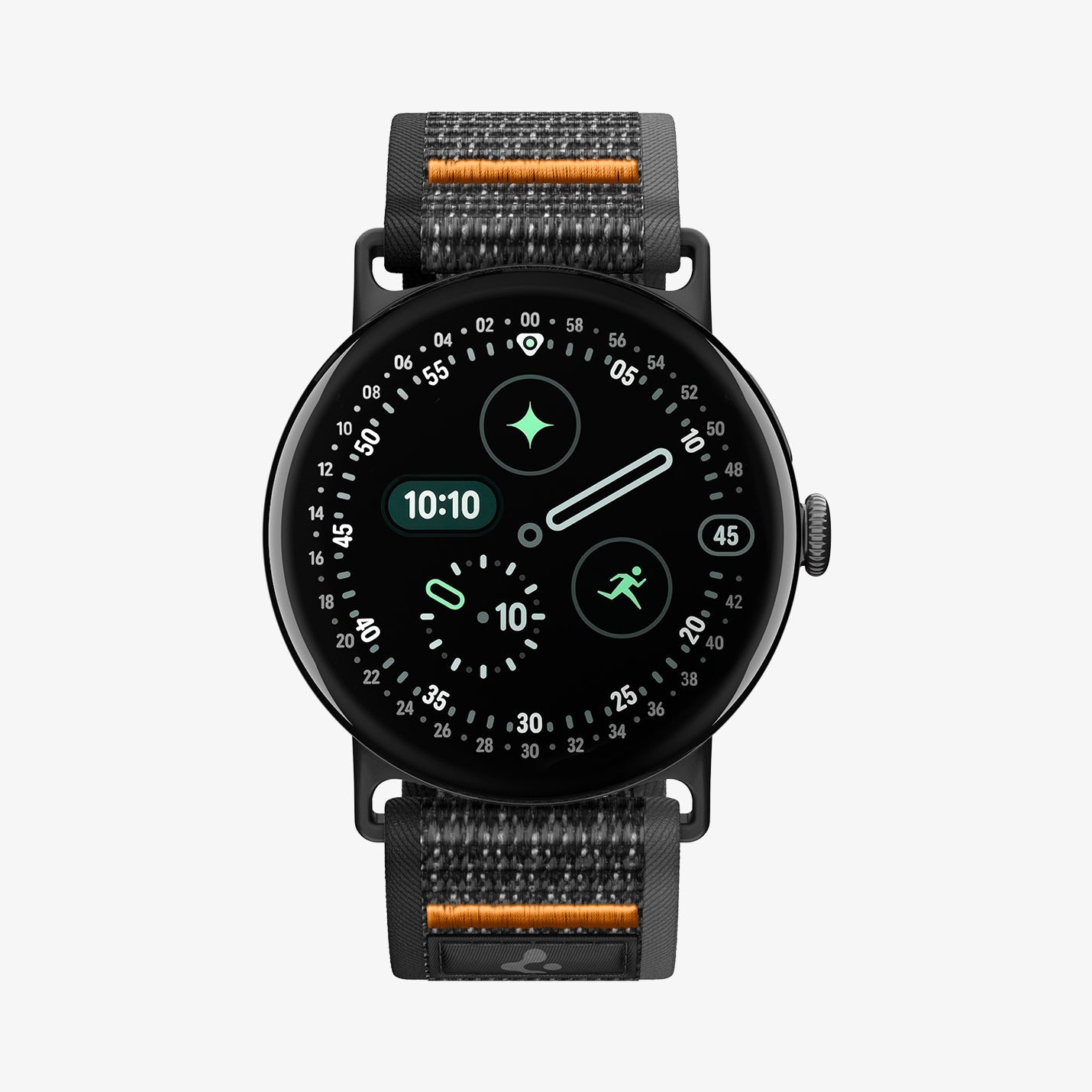 AMP11747 - Pixel Watch 5 (45mm) Athlex Air Active Black Orange front view highlighting the clean and minimalist woven band design.