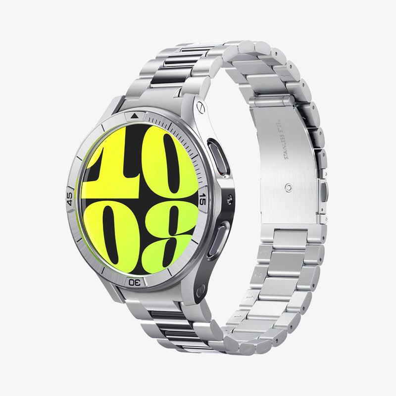 ACS08343 - New Galaxy Watch Bezel Tune Pro in Silver showing the front, partial side and inner bottom