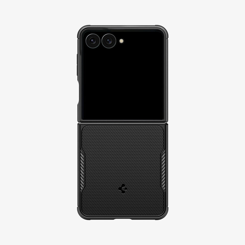 ACS11798 - Galaxy Z Flip 8 Series - Core Armor (Mag Fit) showing the Core Armor MagFit case on the Galaxy Z Flip 8 in Black, front view folded on white background with a textured lower panel and carbon fiber accents.