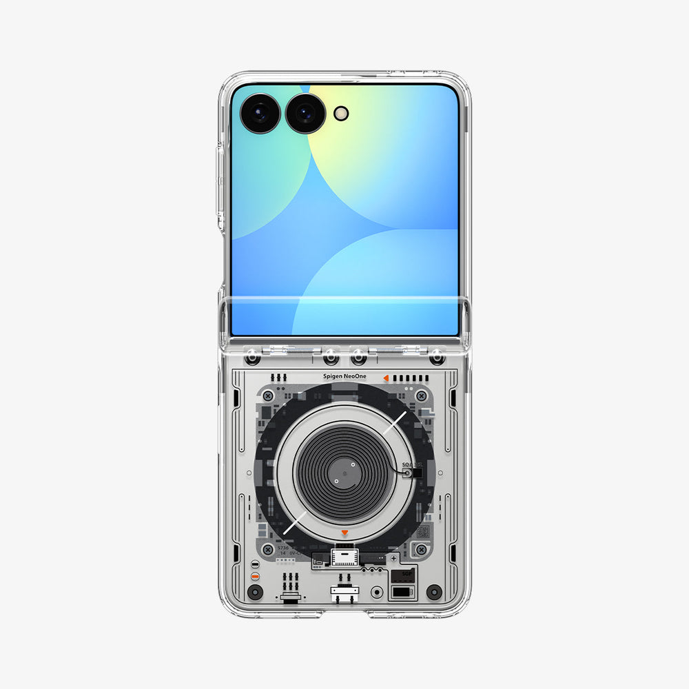 ACS11516 - Galaxy Z Flip 8 Series - Ultra Hybrid Pro Neo One (Mag Fit) showing the Ultra Hybrid Pro Neo One MagFit case on the Galaxy Z Flip 8 in Clear, front view folded on white background with a circuit board graphic print and 