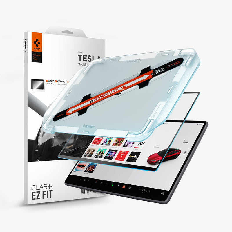 AGL07151 - Tesla Model Y & 3 (2024) Protector GLAS.tR EZ Fit in Clear showing the ez fit tray hovering in front of a screen protector, the device and the packaging