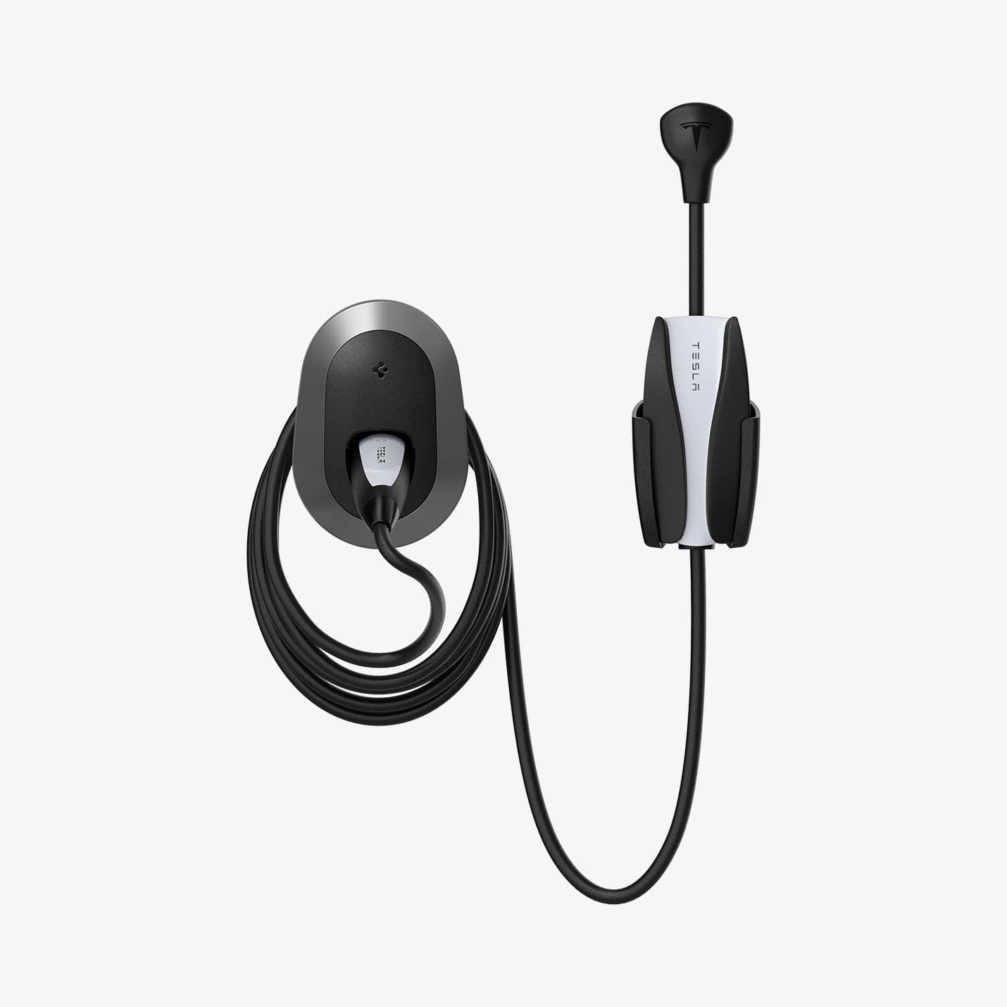 ACP04294 - Tesla Charging Wall Mount in dark silver showing the wall mount and cables organized beside wall plug
