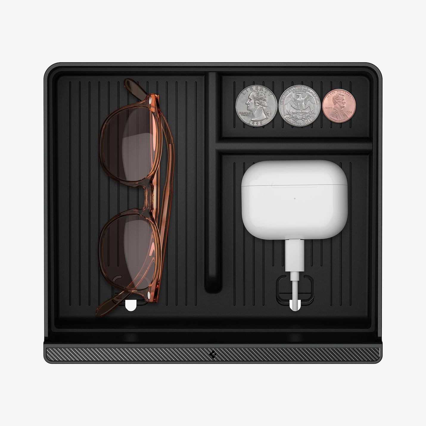 ACP07407 - Model 3 (2024) Center Console Organizer Tray TO220H in Black showing the inside of an organizer with stuffs inside