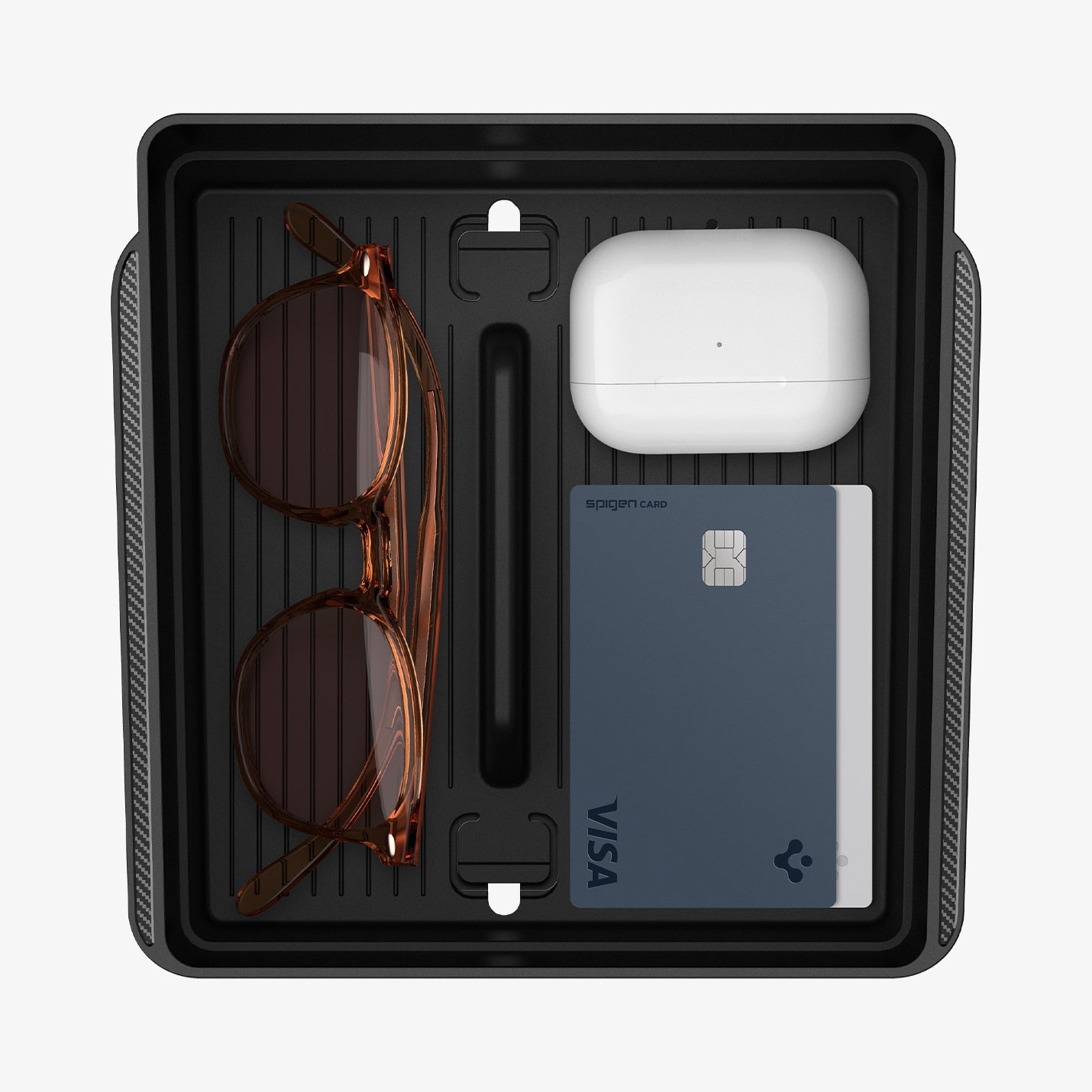 ACP07409 - Tesla Model 3 Armrest Console Organizer TO224H in Black showing the inside with stuffs inside the organizer