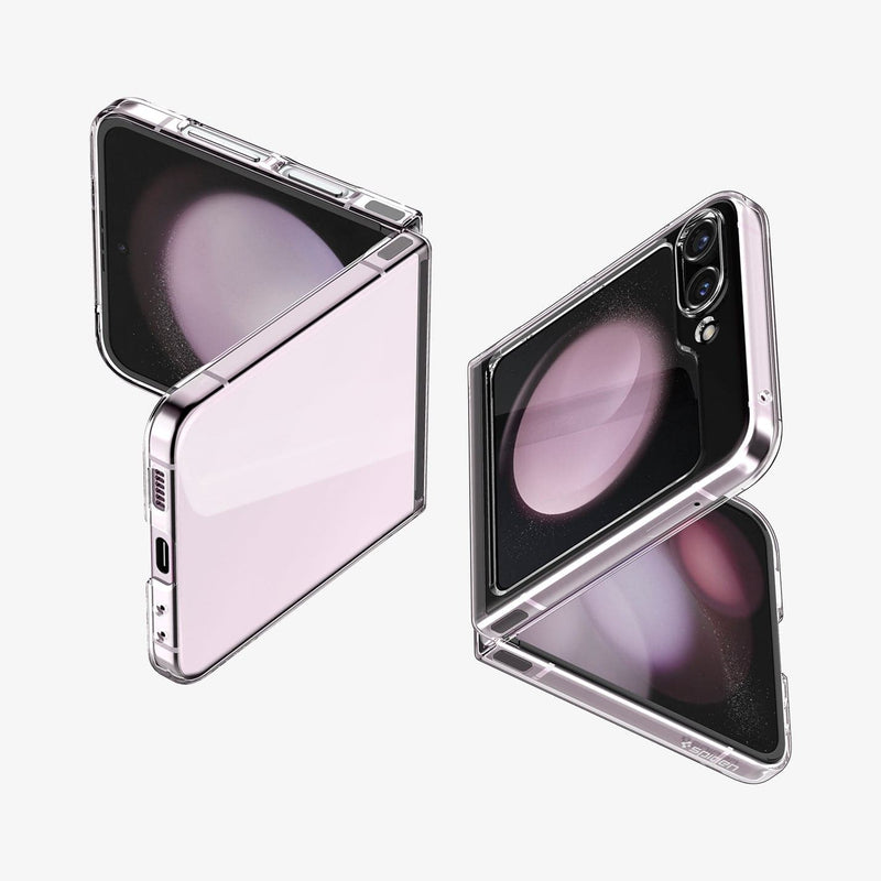 ACS06235 - Galaxy Z Flip 5 Case AirSkin in crystal clear showing the back, front and sides of two devices